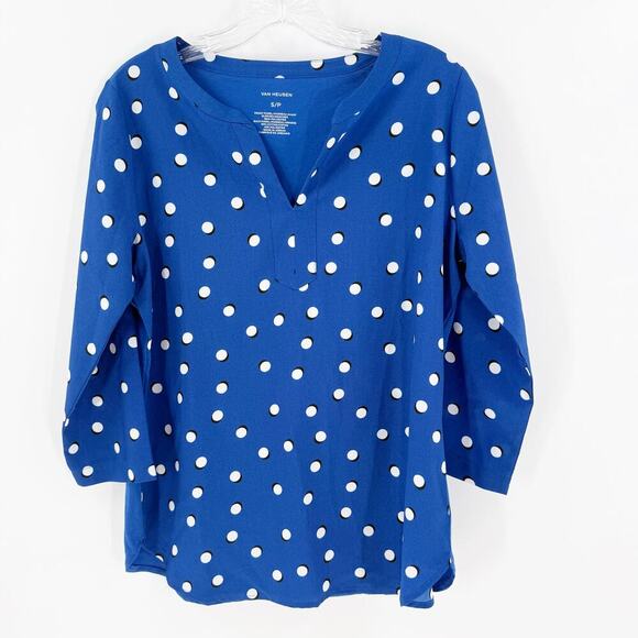 Van Heusen Blue Polka Dot V-Neck Pullover Career Blouse Women's Size Small - Picture 1 of 8
